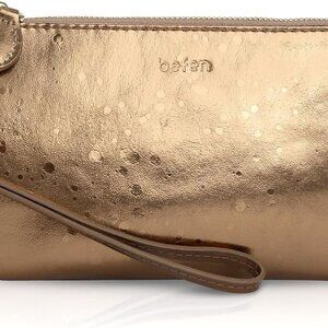 Women's Genuine Italian Leather Wristlet Clutch Wallet Purse, Gold Zipper